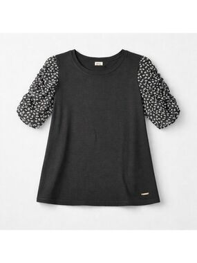 Anne Klein Women's Black Top Medium Ruched Sleeves Leaf Print Detail Casual...